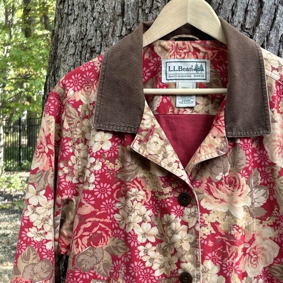 Vintage L.L. Bean Floral Chore Barn Coat Size 2x Corduroy Trim Button Up - Picture 2 of 8